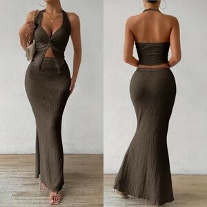 Sleeveless Twist-Front Top and Maxi Skirt Set in Dark Brown
